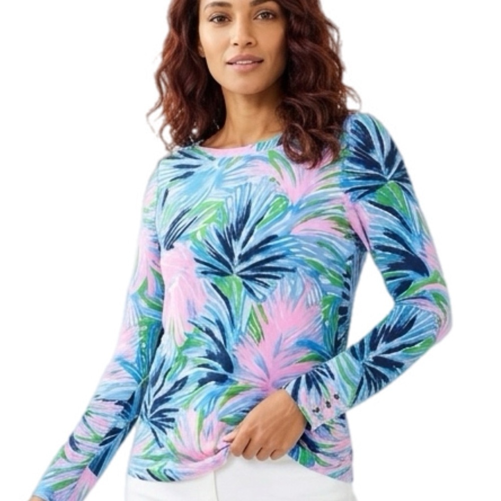 Lilly Pulitzer Palm-Print Long Sleeve Top Resort‎ Wear Size Small P2P 19"
